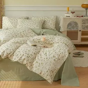 Простыня из чистого хлопка с цветочным принтом из четырех предметов, пододеяльник, маленький свежий хлопок, комплект из трех предметов для кровати в стиле принцессы 1.2m bed sheet 3pcs