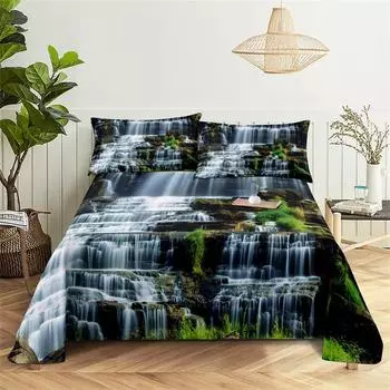Простыня из полиэстера с цифровым принтом и наволочкой «Вид водопада» Комплект постельного белья с принтом «Домашний уют» Большая простыня 150X230cm(2Pcs)