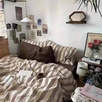 Простыня из стираного хлопка в стиле ретро, пододеяльник, комплект из четырех предметов, комплект постельного белья для одноместного студенческого общежития, комплект из трех предметов 1.2m 3pcs бежевый