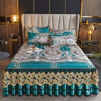 Простыня, летняя юбка для кровати, цельное кружевное покрывало в стиле принцессы из ледяного шелка (Комплект из трех частей) Покрывало для машинной стирки 120x200cm