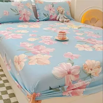 Простыня на резинке из 100% хлопка + 2 наволочки, защитный чехол для матраса, односпальная, двуспальная, размера King Size, полосатая простыня с цветочным узором B86 Queen 152x203x30cm