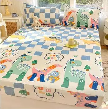 Простыня на резинке с рисунком животных из мультфильмов, 100% хлопок + 2 наволочки, мягкая простыня на резинке для детей, детская кровать, односпальная, двуспальная кровать 120cmx200cmx30cm