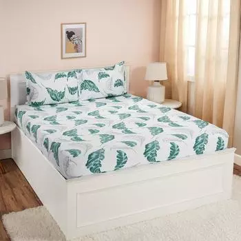 Простыня плоская размера кинг с 2 наволочками | 180 нитей на дюйм | 100% хлопок | Машинная стирка | 90 x 108 дюймов | Цветочный дизайн (зеленый)