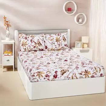 Простыня плоская размера кинг с 2 наволочками | 180 нитей на дюйм | 100% хлопок | Машинная стирка | 90 x 108 дюймов | Цветочный дизайн (Бордовый)