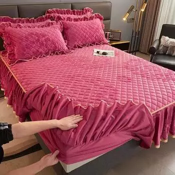 Простыня с мягкой подкладкой из молочного бархата и края юбки, утолщенный бархатный хрустальный пылезащитный полностью завернутый матрас, защитный чехол 3 Pcs 120x200cm