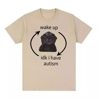 Просыпайся, я не знаю, у меня аутизм, кот, забавная футболка с мемами, мужская и женская ретро-модная футболка с коротким рукавом, повседневные хлопковые футболки большого размера S чёрный