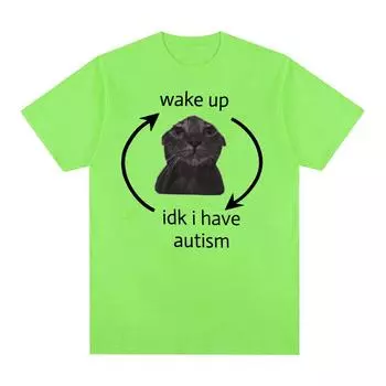 Просыпайся, я не знаю, у меня аутизм, кот, забавная футболка с мемами, мужская и женская ретро-модная футболка с коротким рукавом, повседневные хлопковые футболки большого размера S чёрный