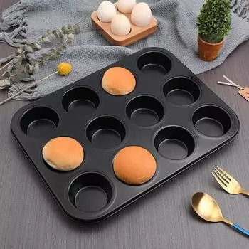 Противень для выпечки кексов с 12 отверстиями, антипригарная стальная форма для кексов, круглая форма для пудинга, печенья, противень для выпечки, принадлежности для выпечки чёрный