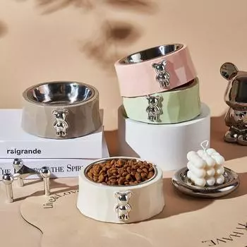 Противоопрокидывающаяся миска для кошек с медведем, нескользящая, съемная, для кормления домашних животных, из нержавеющей стали, большой емкости, дозатор корма для собак и кошек розовый