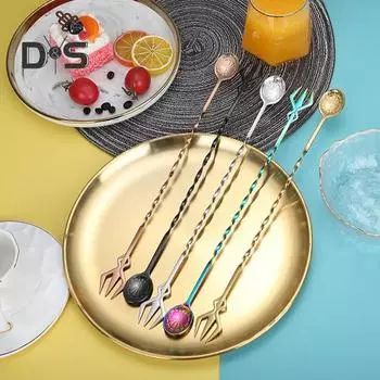 Противоскользящая барная ложка из нержавеющей стали со спиральным узором, фруктовая вилка, мешалка для коктейлей, сувенир для вечеринки золотистый