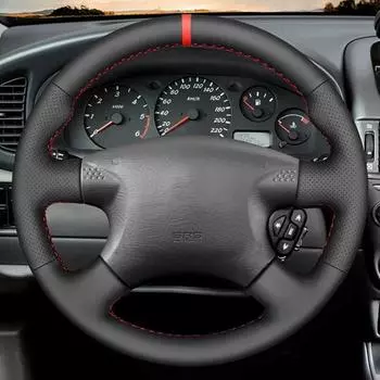 Противоскользящая кожаная оплетка на руль автомобиля для Nissan Almera (N16) 2000-2003 Х-Трейл (Т30) 2001-2003 Террано 2 Black Thread