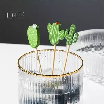 Противоскользящие 100 шт. фруктовые вилки пищевого качества из дерева с длинной ручкой в форме кактуса, наборы для шведского стола, товары для вечеринок зелёный