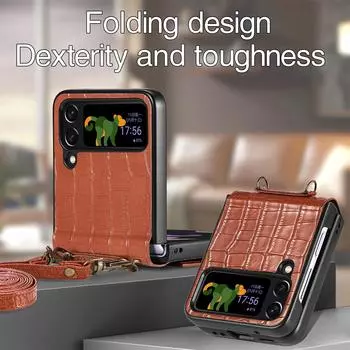 Противоскользящий противоударный чехол из крокодиловой кожи для Samsung Galaxy Z Flip4 5g Flip 4 Zflip4, чехол с карманом для карт для Samsung Z Flip4 for Samsung Z Flip 4 чёрный