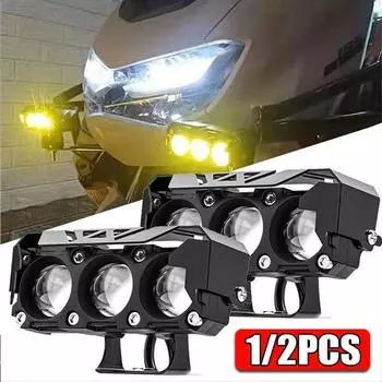 Противотуманные фары для мотоцикла с 3 линзами, 18 Вт, модифицированная светодиодная фара, рабочий прожектор, двухцветный дальний и ближний свет, водонепроницаемая электрическая фара для мощения мотоцикла 1PCS чёрный