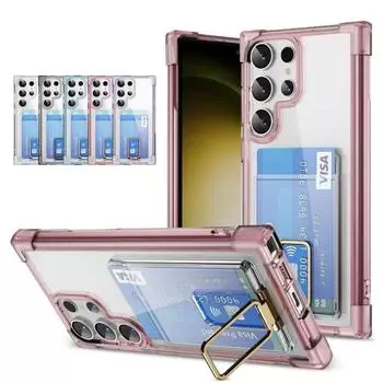 Противоударный акриловый держатель для карт, прозрачный чехол для телефона для Samsung S24 Ultra S23 Plus S22 S21Ultra Note 20, металлический бампер с подставкой Galaxy S23 Ultra розовый