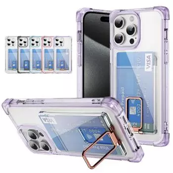 Противоударный акриловый держатель для карточек, прозрачный чехол для телефона для iPhone 15 14 13 12 11 Pro Max 15Plus 14Plus, металлический бампер с подставкой For iPhone 15 Pro чёрный