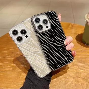 Ударопрочный блестящий силиконовый чехол для iPhone 16 Plus 15 14 Pro Max 13 12 11 TPU мягкий тонкий чехол с узором в полоску зебры iPhone 15 чёрный/розовый