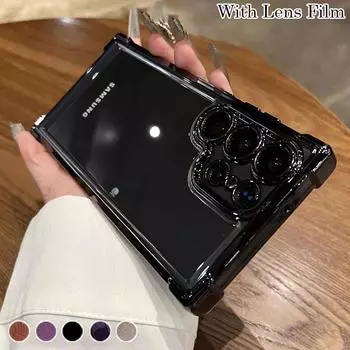 Противоударный чехол Airbag, пленка для объектива Samsung S21 S22 S23 S24 S25 Ultra Plus FE A16 A14 A34 A54 A15 A55 iPhone 16 15 14 13 12 11 Pro Max Plus XS MAX XR iPhone 7/8/SE 2020 чёрный