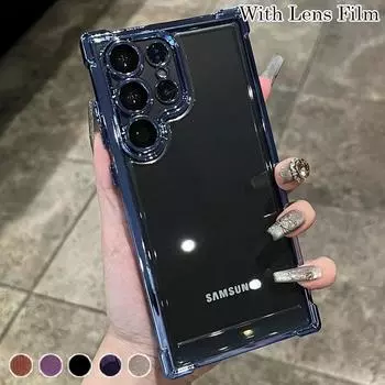 Противоударный чехол Airbag с пленкой для объектива для Samsung S24 S23 Ultra S22 S21 Plus S23FE A52 A14 A34 A54 A15 A55 iPhone 16 15 14 13 12 11 Pro Max 15 14 Plus iPhone 7/8/SE 2020 чёрный