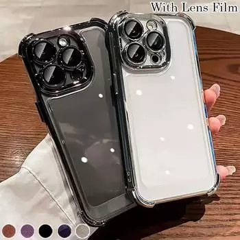 Противоударный чехол Airbag с пленкой для объектива для iPhone 15 14 13 12 11 Pro Max 14 Plus XR Samsung S24 S23 S22 S21 Ultra Plus S23 FE A15 A55 A14 A34 A54 iPhone 7/8/SE 2020 чёрный