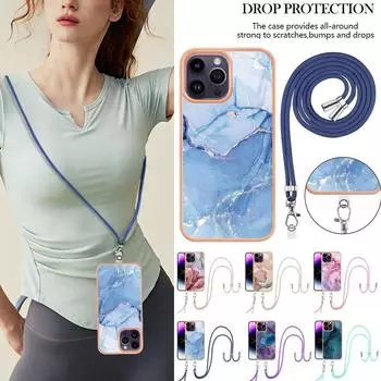 Противоударный чехол для телефона IMD с гальваническим мрамором и ремешком через плечо для iPhone 15 14 Plus 13 12 11Pro Max/Samsung S23 S22 S21Ultra Plus A14 A54 A53 iPhone 7/8/SE 2020 розы красного