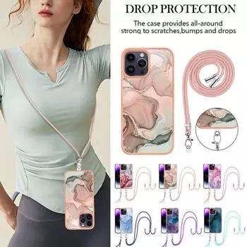 Противоударный чехол для телефона IMD с гальваническим мрамором и ремешком через плечо для iPhone 15 14 Plus 13 12 11Pro Max/Samsung S23 S22 S21Ultra Plus A14 A54 A53 iPhone 7/8/SE 2020 розы красного