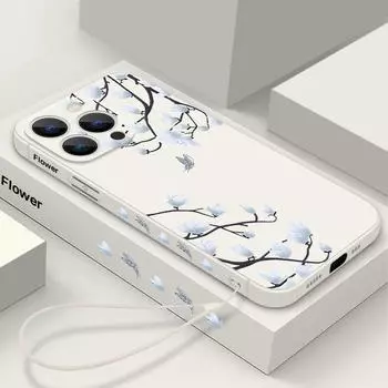 Противоударный чехол для телефона с белым цветком и бабочкой для iPhone 15 Pro Max 14 Plus 13 12 Mini 11 8 7, мягкий чехол из ТПУ на шнурке