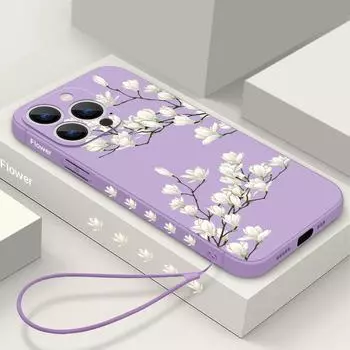 Ударопрочный чехол для телефона с цветочным принтом для iPhone 16 Pro Max 15 Plus 14 13 Pro 12 Mini 11 силиконовый ремешок TPU жесткий тонкий чехол iPhone 15 чёрный