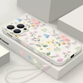 Ударопрочный чехол для телефона с цветочным принтом для iPhone 16 15 14 Pro Max 13 Plus 12 Mini 11 8 7 тонкий мягкий чехол-шнурок из ТПУ iPhone 15 чёрный