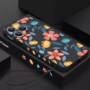 Ударопрочный чехол с цветочным принтом для iPhone 16 15 Pro Max 14 Plus 13 12 Mini 11 XR XS Жесткий тонкий чехол-шнурок из ТПУ iPhone 15 чёрный