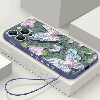 Противоударный чехол для телефона с изображением бабочки для iPhone 15 Pro Max 14 13 Pro 12 11 XR XS 8 7, роскошный матовый тонкий мягкий чехол из ТПУ со шнурком iPhone 15 серый