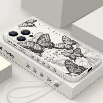 Ударопрочный чехол для телефона с принтом бабочки для iPhone 16 Pro Max 15 14 13 Pro 12 Mini 11 силиконовый ремешок тонкий TPU жесткий чехол iPhone 15 чёрный