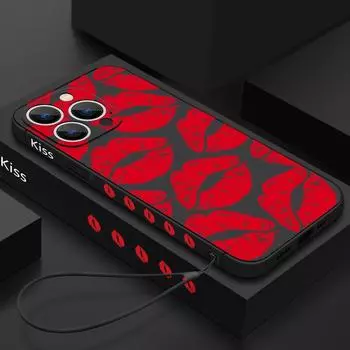 Ударопрочный чехол для телефона с рисунком красных губ для iPhone 16 15 Pro Max 14 Plus 13 12 mini 11 XR XS 8 7 Роскошный мягкий чехол-шнурок из ТПУ iPhone 15 Plus белый