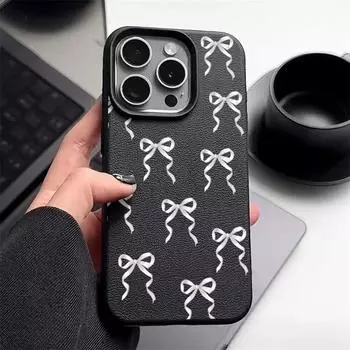 Противоударный чехол для телефона с текстурой кожи ТПУ для iPhone 16 Pro Max 15 14 Pro 13 12 11 с рисунком «бантик», тонкий матовый мягкий бампер iPhone 16 чёрный
