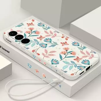 Противоударный чехол для телефона со свежим цветочным узором для Samsung S24 Ultra S23 S22 Plus S21 S20 FE A54 A34, мягкий ремешок из ТПУ, тонкий корпус Samsung S24 чёрный