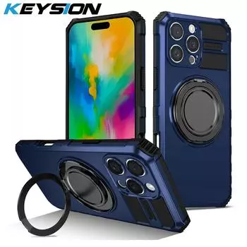 Противоударный чехол KEYSION для MagSafe для iPhone 16 Pro Max 16Plus Silicone+PC 360 ° вращающееся магнитное кольцо-подставка задняя крышка телефона for iPhone 16 красный