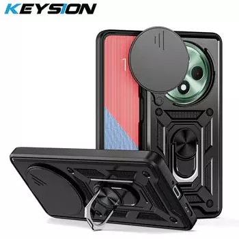 Противоударный чехол KEYSION для OPPO Reno12 F 5G Slide Push Pull Camera Защитное кольцо Подставка для телефона Задняя крышка для OPPO Reno 12 F 5G for OPPO Reno12 F 5G красный