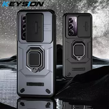 Противоударный чехол KEYSION для OPPO Reno 12 Pro 5G Slide Push Pull, защитное кольцо для объектива камеры, чехол-подставка для телефона для OPPO Reno12 5G for OPPO Reno12 5G серый
