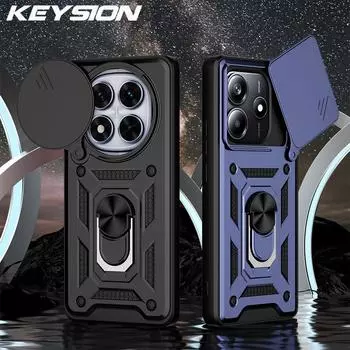 Противоударный чехол KEYSION для Redmi Note 14 Pro + 5G 14 5G Slide Camera Защитное кольцо Подставка для телефона Задняя крышка для Xiaomi POCO X7 for Redmi Note 14 5G синий