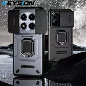 Противоударный чехол KEYSION для Redmi Note 14 Pro+ 5G 14 5G Slide Camera Lens Protection Ring Stand Phone Cover для Xiaomi POCO X7 for Redmi Note 14 5G зелёный