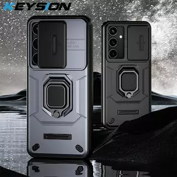 Противоударный чехол KEYSION для Samsung S24 FE 5G Slide Push Pull, защитное кольцо для объектива камеры, подставка, чехол для телефона Galaxy S24 FE 5G for Galaxy S24 FE серый