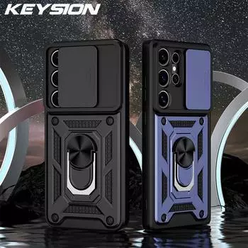 Противоударный чехол KEYSION для Samsung S25 Ultra 5G S25+ Plus, защитное кольцо для камеры, подставка, чехол для телефона Galaxy S24 FE 5G for Galaxy S25 чёрный