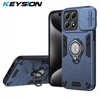 Противоударный чехол KEYSION для Xiaomi 14T Pro 5G, силиконовый + поликарбонатный слайдер, защитное кольцо для объектива камеры, подставка, чехол для телефона Xiaomi 14T 5G for Xiaomi 14T синий