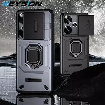 Противоударный чехол KEYSION для Xiaomi POCO F6 F6 Pro, скользящий, пушпульный, защитное кольцо для объектива камеры, чехол-подставка для телефона для POCO F6 Pro for POCO F6 Pro серый