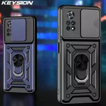 Противоударный чехол KEYSION для Xiaomi POCO X4 Pro 5G X3 GT F3 GT Push Pull, защитное кольцо для камеры, чехол-подставка для телефона для Xiaomi POCO M4 Pro 4G 5G for POCO X4 Pro чёрный