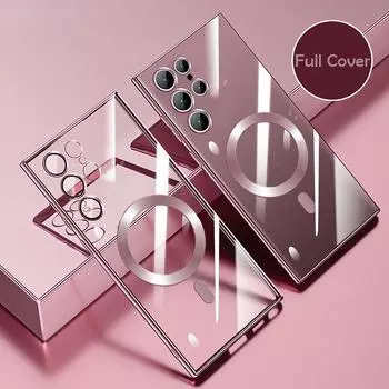 Противоударный чехол Magsafe с магнитной беспроводной зарядкой для телефона Samsung Galaxy S23 Ultra S22 Plus Ultra S21 + прозрачная стеклянная линза, мягкая обложка For S21 Plus темно-зеленого