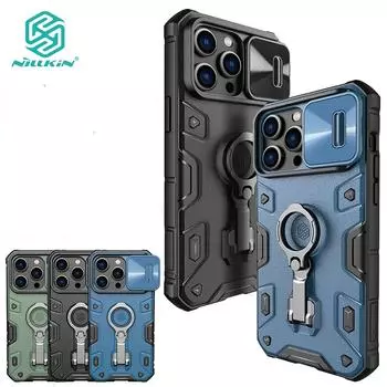 Противоударный чехол Nillkin для iPhone 14 Plus 14 Pro Max CamShield Armor, чехол для телефона, кольцевой держатель, слайдер камеры, тяжелая защитная задняя крышка iPhone 14 Pro чёрный