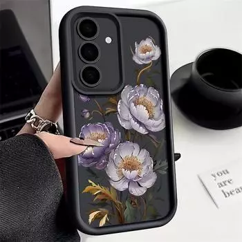 Противоударный чехол с фиолетовым цветочным узором для Samsung S25 S24 S23 S22 Ultra A15 A55 A35 A34 A06 A05 A53 A54, мягкий силиконовый матовый защитный чехол для линз Samsung S25 чёрный