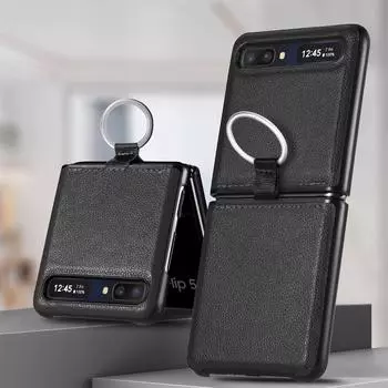 Противоударный кожаный чехол с кольцом на палец для Samsung Galaxy Z Flip 5 4 5G Flip3 Flip 3 2 Flip5 Flip2 Противоскользящий матовый чехол Fundas Samsung Galaxy Z Flip чёрный