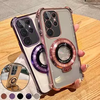 Противоударный магнитный чехол-подставка с подушкой безопасности для Samsung S21 S22 S23 S24 Ultra Plus S23FE A52 A14 A34 A54 A15 A55 iPhone 15 14 13 12 11 Pro Max 15 14 Plus iPhone 7/8/SE 2020 чёрный